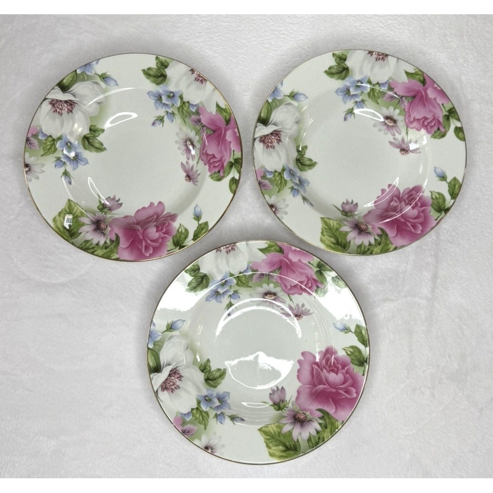 3 Emerald China Gracie Graces Pink Roses Floral Bowls Pasta Soup 9" GC